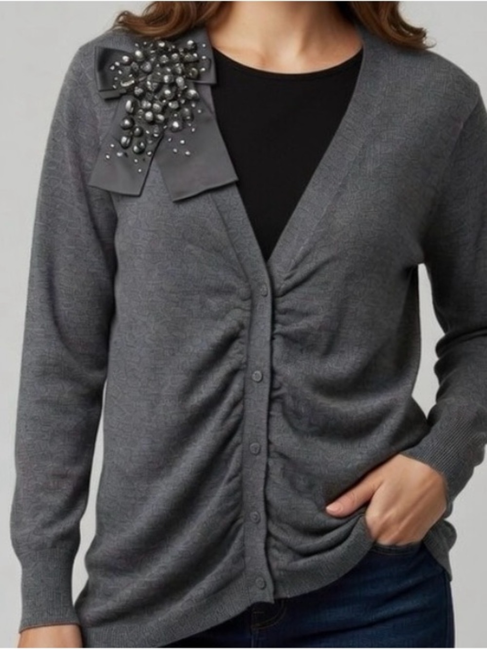 NWOT Loft Stunning Gray Cardigan with Jeweled Bow Accent Sz XL